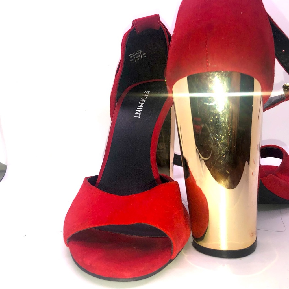 Red and gold chunk heels